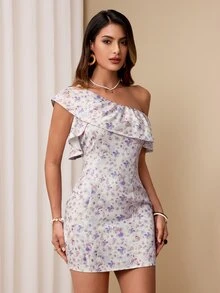 Almamuse Women Floral Print Ruffle Asymmetrical Neck Elegant Mini Dress - Mauve Purple - View 4