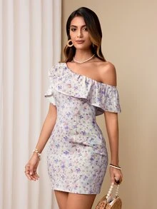 Almamuse Women Floral Print Ruffle Asymmetrical Neck Elegant Mini Dress - Mauve Purple - View 6