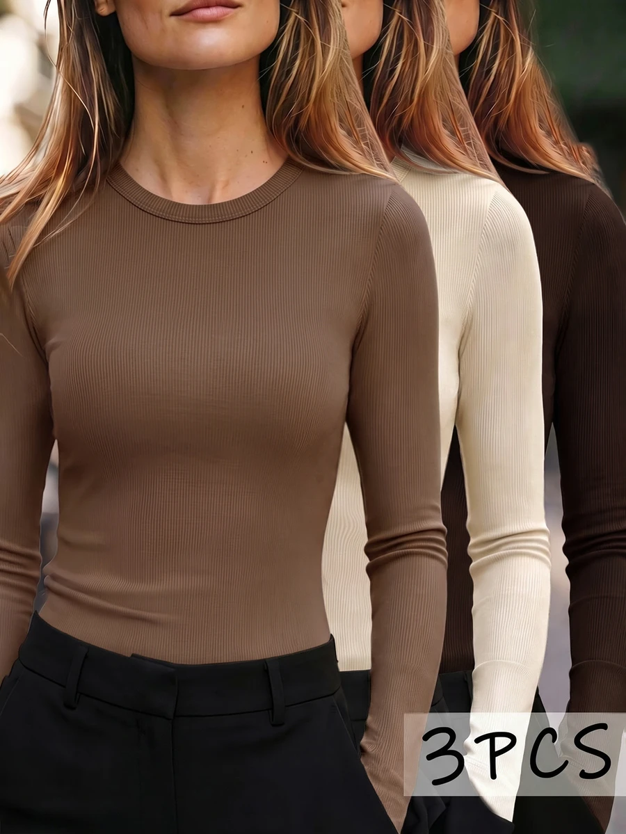 RosyDaze 3pcs Women Casual Solid Color Long Sleeve T-Shirt Set - Multicolor - View 1