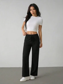 SHEIN PETITE 女款保暖內裡舒適居家寬腿運動長褲，粉色，適合秋冬，小碼女款 - 黑色 - 查看 4