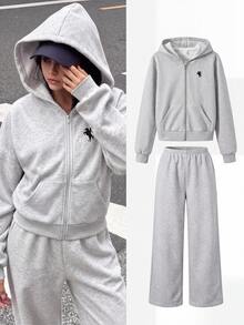 SHEIN 2件組女孩青少年運動休閒街頭風連帽拉鍊開襟外套與寬鬆長褲套裝，經典馬刺繡灰色，秋季巡航風 - 灰色 - 查看 1