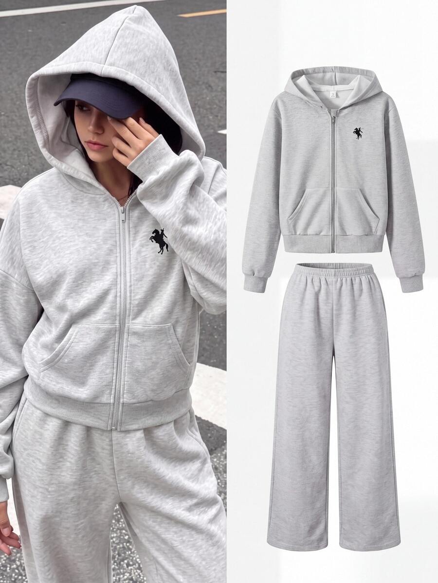SHEIN 2件組女孩青少年運動休閒街頭風連帽拉鍊開襟外套與寬鬆長褲套裝,經典馬刺繡灰色,秋季巡航風 - 灰色 - 查看 1