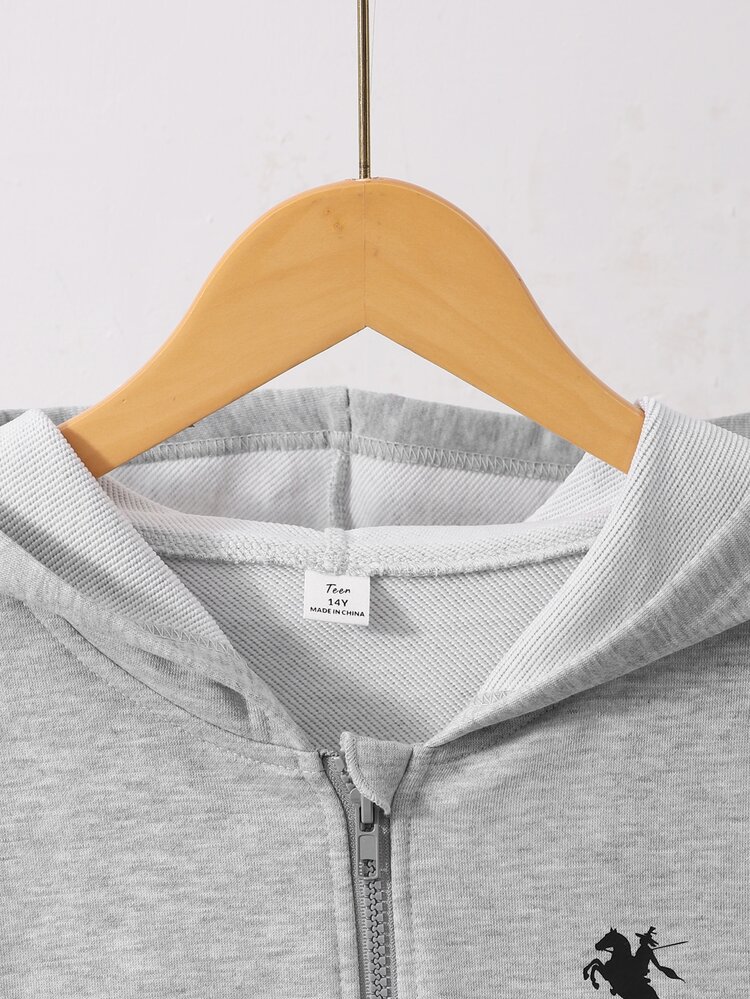SHEIN Sparklyn Setelan 2 Potong untuk Remaja Perempuan, Gaya Olahraga Kasual Streetwear, Jaket Kardigan Berkerudung dengan Resleting dan Celana Longgar, Bordir Kuda Klasik, Abu-abu, Musim Gugur - Grey - View 5