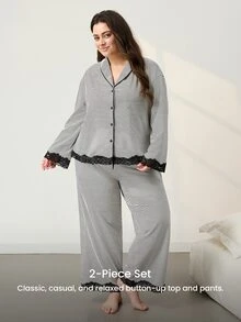 LUVLETTE Fall Plus Size Striped Pattern Buttoned Lace Cardigan Long Sleeve Pants Home Wear Set For Women, Comfortable Cotton Pajamas Lounge Sets For Women - Black and White - View 7