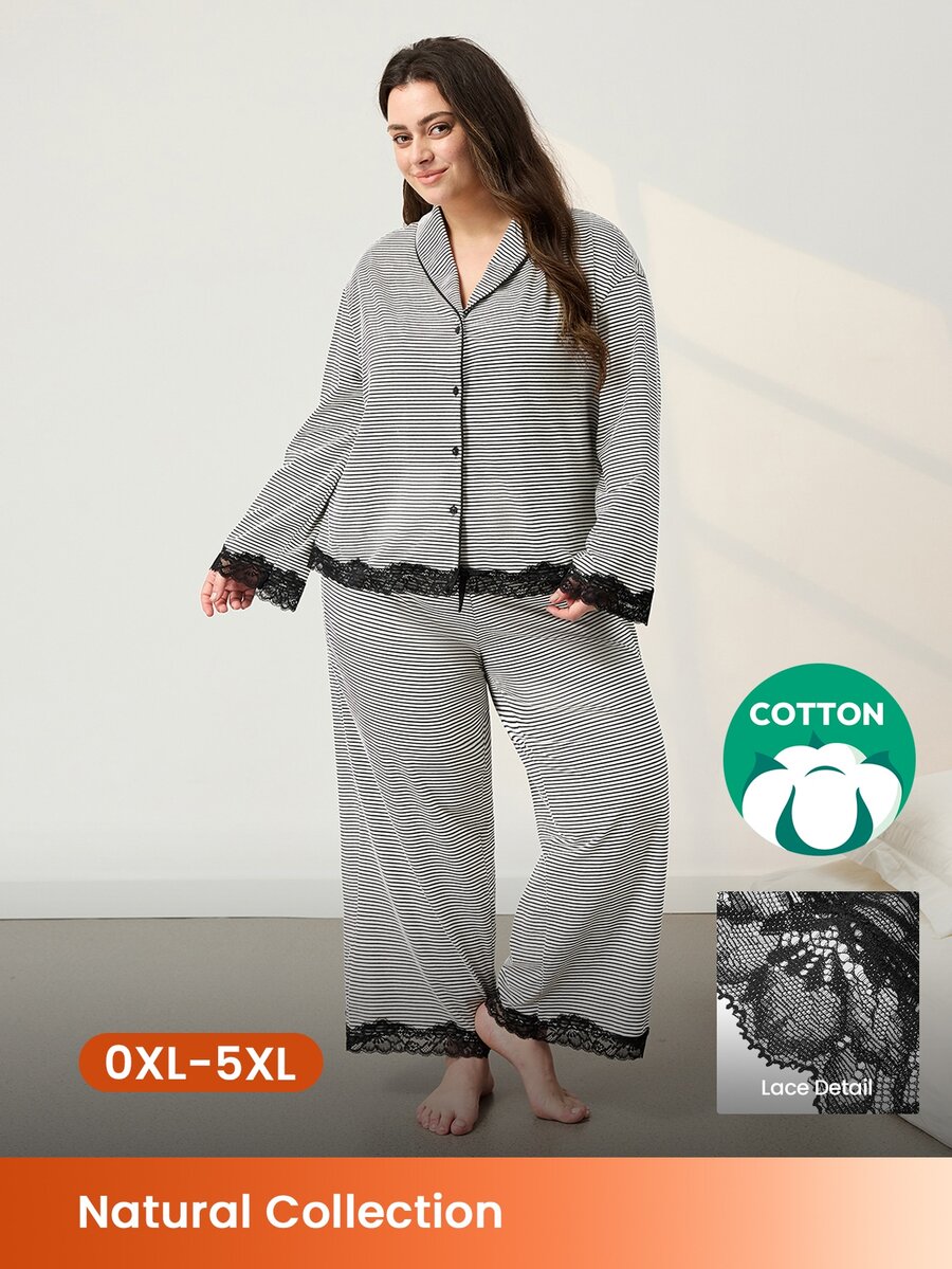 LUVLETTE Fall Plus Size Striped Pattern Buttoned Lace Cardigan Long Sleeve Pants Home Wear Set For Women, Comfortable Cotton Pajamas Lounge Sets For Women - Black and White - View 1