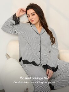LUVLETTE Fall Plus Size Striped Pattern Buttoned Lace Cardigan Long Sleeve Pants Home Wear Set For Women, Comfortable Cotton Pajamas Lounge Sets For Women - Black and White - View 4