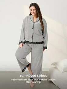 LUVLETTE Fall Plus Size Striped Pattern Buttoned Lace Cardigan Long Sleeve Pants Home Wear Set For Women, Comfortable Cotton Pajamas Lounge Sets For Women - Black and White - View 9