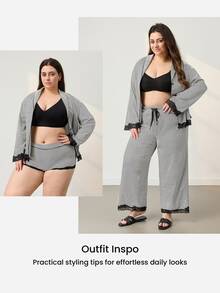 LUVLETTE Fall Plus Size Striped Pattern Buttoned Lace Cardigan Long Sleeve Pants Home Wear Set For Women, Comfortable Cotton Pajamas Lounge Sets For Women - Black and White - View 10