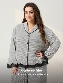LUVLETTE Fall Plus Size Striped Pattern Buttoned Lace Cardigan Long Sleeve Pants Home Wear Set For Women, Comfortable Cotton Pajamas Lounge Sets For Women - Black and White - View 8