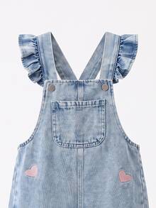 SHEIN Genkimix Kids Girls' Light Blue Denim Overalls, Flutter Sleeve Pink Heart Embroidery, Loose Straight Leg, Autumn Fall School - Light Wash - View 4