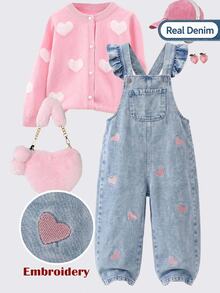 SHEIN Genkimix Kids Girls' Light Blue Denim Overalls, Flutter Sleeve Pink Heart Embroidery, Loose Straight Leg, Autumn Fall School - Light Wash - View 2