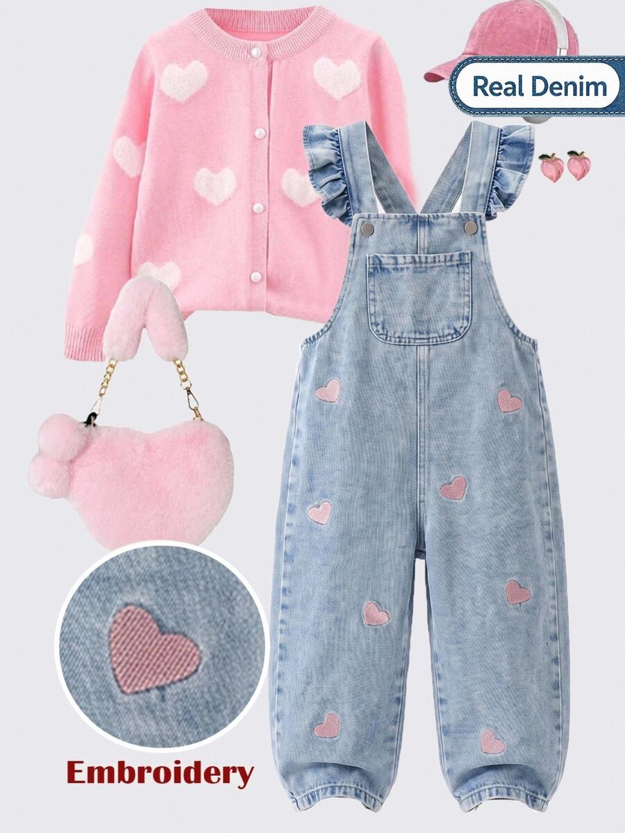 SHEIN Genkimix Kids Girls' Light Blue Denim Overalls, Flutter Sleeve Pink Heart Embroidery, Loose Straight Leg, Autumn Fall School