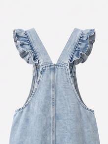 SHEIN Genkimix Kids Girls' Light Blue Denim Overalls, Flutter Sleeve Pink Heart Embroidery, Loose Straight Leg, Autumn Fall School - Light Wash - View 6