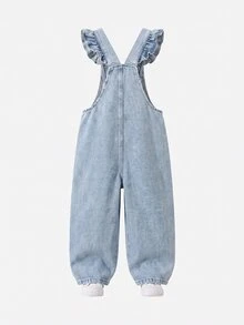 SHEIN Genkimix Kids Girls' Light Blue Denim Overalls, Flutter Sleeve Pink Heart Embroidery, Loose Straight Leg, Autumn Fall School - Light Wash - View 3