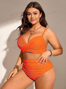 SHEIN Swim Curve 2pcs Plus Size Women Solid Color Gathering Strap Swimsuits, Fashionable Minimalist Style Bikini Set For Vacation For Summer - Orange - View 4
