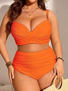 SHEIN Swim Curve 2pcs Plus Size Women Solid Color Gathering Strap Swimsuits, Fashionable Minimalist Style Bikini Set For Vacation For Summer - Orange - View 2
