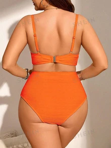SHEIN Swim Curve 2pcs Plus Size Women Solid Color Gathering Strap Swimsuits, Fashionable Minimalist Style Bikini Set For Vacation For Summer - Orange - View 3