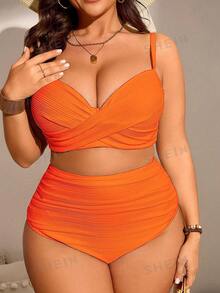 SHEIN Swim Curve 2pcs Plus Size Women Solid Color Gathering Strap Swimsuits, Fashionable Minimalist Style Bikini Set For Vacation For Summer - Orange - View 6