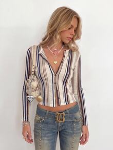 INAWLY Women's Striped Front Button Long Sleeve Top - Brown - View 3