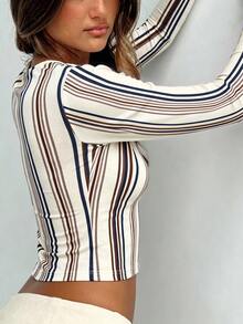 INAWLY Women's Striped Front Button Long Sleeve Top - Brown - View 6