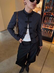 Siren Gaze 秋冬新款復古法式優雅端莊宮廷風女款短夾克，辦公室穿搭，海軍藍 - 藏蓝色 - 查看 7