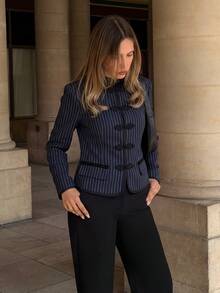 Siren Gaze 秋冬新款復古法式優雅端莊宮廷風女款短夾克，辦公室穿搭，海軍藍 - 藏蓝色 - 查看 5