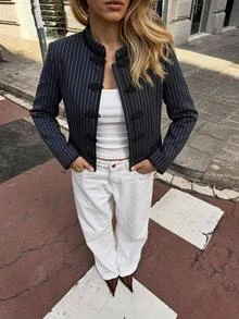 Siren Gaze 秋冬新款復古法式優雅端莊宮廷風女款短夾克，辦公室穿搭，海軍藍 - 藏蓝色 - 查看 14