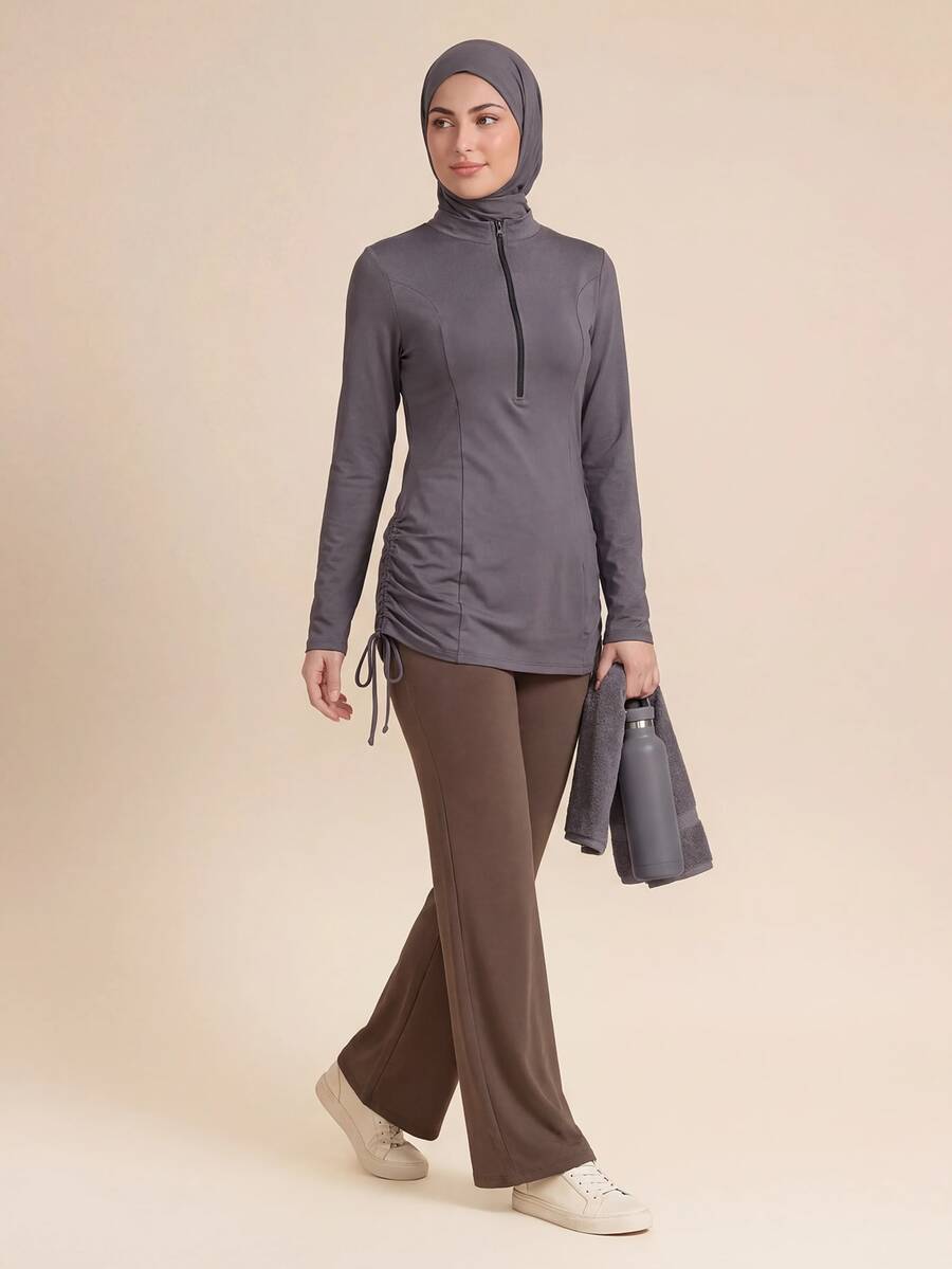 SHEIN Sports 2pcs Set Spring/Summer New Grey-Brown Zipper Long Sleeve Top And Solid Brown Loose Flare Pants Women's Fitness Sports Outfit - Brown - View 1