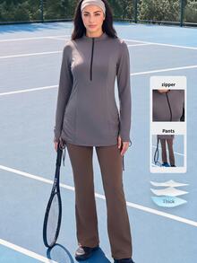 SHEIN Sports 2pcs Set Spring/Summer New Grey-Brown Zipper Long Sleeve Top And Solid Brown Loose Flare Pants Women's Fitness Sports Outfit - Brown - View 11