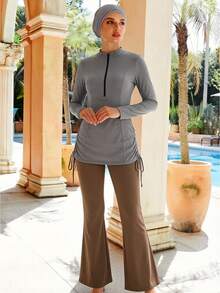 SHEIN Sports 2pcs Set Spring/Summer New Grey-Brown Zipper Long Sleeve Top And Solid Brown Loose Flare Pants Women's Fitness Sports Outfit - Brown - View 8