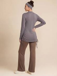 SHEIN Sports 2pcs Set Spring/Summer New Grey-Brown Zipper Long Sleeve Top And Solid Brown Loose Flare Pants Women's Fitness Sports Outfit - Brown - View 6