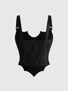 ROMWE Goth Sexy Faux Snake Skin Leather Waist-Cinching Asymmetrical Hem Tank Top For Women - Black - View 2