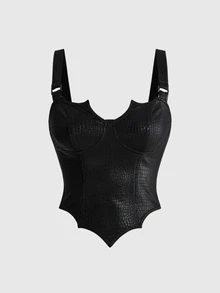 ROMWE Goth Sexy Faux Snake Skin Leather Waist-Cinching Asymmetrical Hem Tank Top For Women - Black - View 1