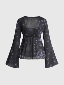 ROMWE Women's Gothic Zodiac Print Ruched Batwing Sleeve Square Neck Top - Purple - View 2