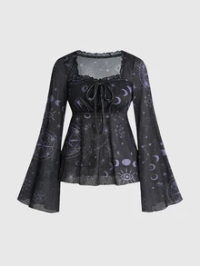 ROMWE Women's Gothic Zodiac Print Ruched Batwing Sleeve Square Neck Top - Purple - View 1