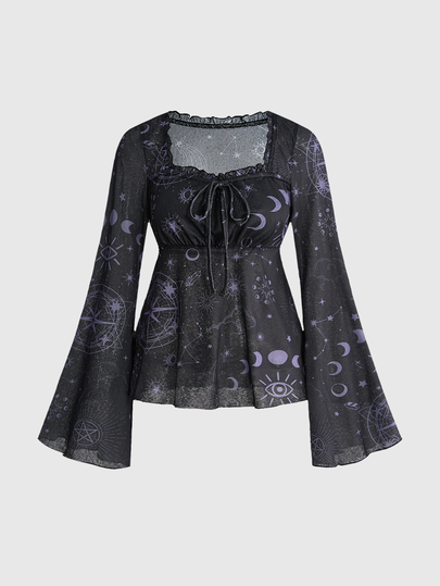 Women's Gothic Zodiac Print Ruched Batwing Sleeve Square Neck Top