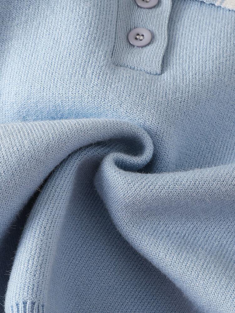 Souflis Baby Boys Autumn/Winter New Simple Casual Cute Light Blue Colorblock Square Neck Thermal Lined Pullover Sweater Top + Long Pants 2 Pieces Set Loose Versatile Knit Sweater Outfit Holiday Wear Autumn/Winter Sweater Set - Baby Blue - View 8