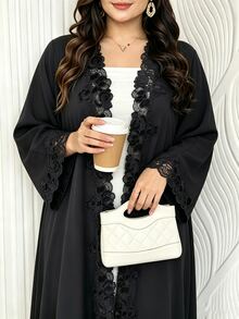 Al Najma Black Lace Patchwork Loose Long Hem Long Sleeve Traditional Versatile Cardigan Plus Size Women's Arabic Abaya - Black - View 6