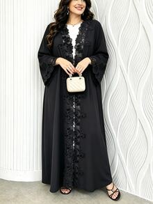 Al Najma Black Lace Patchwork Loose Long Hem Long Sleeve Traditional Versatile Cardigan Plus Size Women's Arabic Abaya - Black - View 8