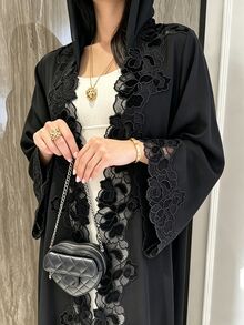Al Najma Black Lace Patchwork Loose Long Hem Long Sleeve Traditional Versatile Cardigan Plus Size Women's Arabic Abaya - Black - View 1