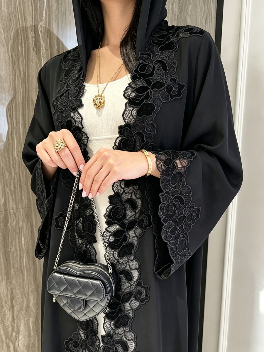 Al Najma Black Lace Patchwork Loose Long Hem Long Sleeve Traditional Versatile Cardigan Plus Size Women's Arabic Abaya - Black - View 1