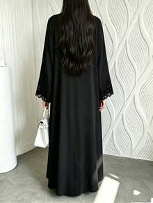 Al Najma Black Lace Patchwork Loose Long Hem Long Sleeve Traditional Versatile Cardigan Plus Size Women's Arabic Abaya - Black - View 2