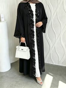 Al Najma Black Lace Patchwork Loose Long Hem Long Sleeve Traditional Versatile Cardigan Plus Size Women's Arabic Abaya - Black - View 3
