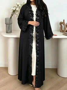Al Najma Black Lace Patchwork Loose Long Hem Long Sleeve Traditional Versatile Cardigan Plus Size Women's Arabic Abaya - Black - View 5