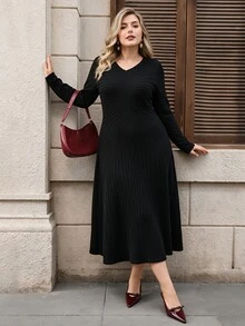 Modelyn Plus Size Women's Solid Color V-Neck Long Sleeve Casual Knit Dress - Black - View 1