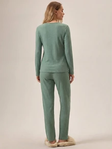 SHEIN Tall 2pcs Women Casual SolidMing Green Relaxed Wear Set In Ribbed Knit Embroidered With Letters And - Mint Green - View 2