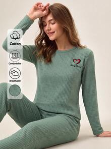 SHEIN Tall 2pcs Women Casual SolidMing Green Relaxed Wear Set In Ribbed Knit Embroidered With Letters And - Mint Green - View 5