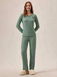 SHEIN Tall 2pcs Women Casual SolidMing Green Relaxed Wear Set In Ribbed Knit Embroidered With Letters And - Mint Green - View 7