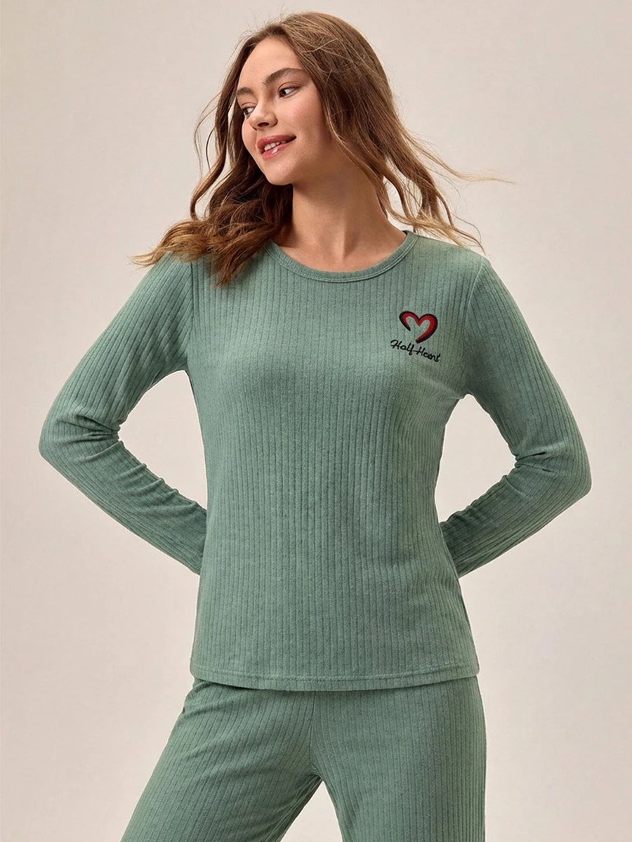 SHEIN Tall 2pcs Women Casual SolidMing Green Relaxed Wear Set In Ribbed Knit Embroidered With Letters And - Mint Green - View 1