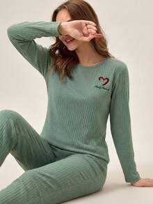 SHEIN Tall 2pcs Women Casual SolidMing Green Relaxed Wear Set In Ribbed Knit Embroidered With Letters And - Mint Green - View 3